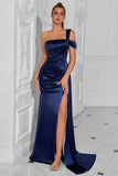 One Shoulder Sheath Satin Navy Formal Dress with Slit