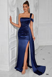 One Shoulder Sheath Satin Navy Formal Dress with Slit