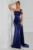 One Shoulder Sheath Satin Navy Formal Dress with Slit
