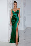 Dark Green Spaghetti Straps Sheath Satin Formal Dress