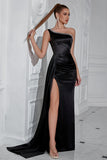 One Shoulder Sheath Ruched Black Formal Dress