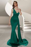 One Shoulder Mermaid Ruched Dark Green Formal Dress