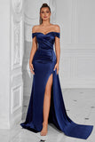 Off the Shoulder Satin Ruched Navy Formal Dress