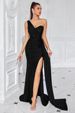 One Shoulder Ruched Black Formal Dress with Slit