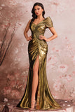 One Shoulder Mermaid Satin Golden Evening Dress