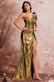 One Shoulder Mermaid Satin Golden Evening Dress