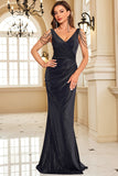 Mermaid Glitter Spaghetti Straps Black Formal Dress