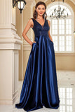 Navy Satin V-Neck Ruched A Line Formal Dress