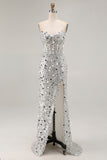 Silver Strapless Corset Sequin Beaded Prom Dress