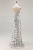 Silver Strapless Corset Sequin Beaded Prom Dress