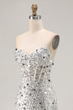 Silver Strapless Corset Sequin Beaded Prom Dress