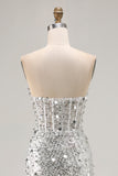 Silver Strapless Corset Sequin Beaded Prom Dress