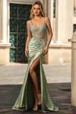 Sparkly Green Mermaid Satin Corset Prom Dress