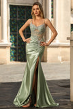 Sparkly Green Mermaid Satin Corset Prom Dress