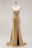 Golden Mermaid Corset Spaghetti Straps Prom Dress
