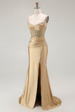 Golden Mermaid Corset Spaghetti Straps Prom Dress