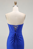 Strapless Mermaid Appliqued Royal Blue Prom Dress with Slit
