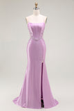 Purple Mermaid Spaghetti Straps Embroidered Prom Dress