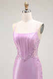 Purple Mermaid Spaghetti Straps Embroidered Prom Dress