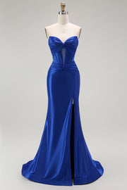 Mermaid Strapless Ruched Royal Blue Prom Dress