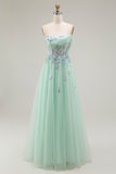 Strapless A Line Appliqued Green Prom Dress
