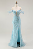 Off the Shoulder A Line Ruched Blue Prom Dress
