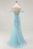Off the Shoulder A Line Ruched Blue Prom Dress