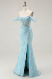 Off the Shoulder A Line Ruched Blue Prom Dress