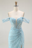 Off the Shoulder A Line Ruched Blue Prom Dress