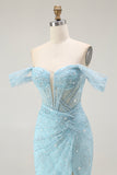 Off the Shoulder A Line Ruched Blue Prom Dress