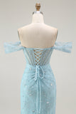 Off the Shoulder A Line Ruched Blue Prom Dress