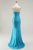 Strapless Mermaid Corset Ruffled Blue Prom Dress