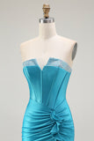 Strapless Mermaid Corset Ruffled Blue Prom Dress