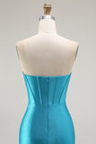 Strapless Mermaid Corset Ruffled Blue Prom Dress
