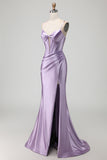 Beaded Purple Mermaid Corset Satin Prom Dress