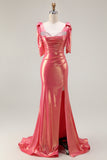 Coral Mermaid Ruched Beaded Prom Dress with Bow