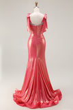 Coral Mermaid Ruched Beaded Prom Dress with Bow