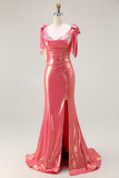 Coral Mermaid Ruched Beaded Prom Dress with Bow