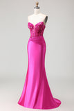 Fuchsia Strapless Corset Sequin Mermaid Prom Dress
