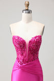 Fuchsia Strapless Corset Sequin Mermaid Prom Dress