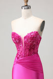 Fuchsia Strapless Corset Sequin Mermaid Prom Dress