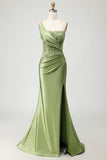 One Shoulder Satin Green Mermaid Corset Prom Dress