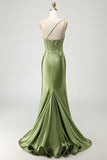 One Shoulder Satin Green Mermaid Corset Prom Dress
