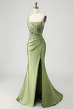 One Shoulder Satin Green Mermaid Corset Prom Dress