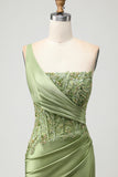One Shoulder Satin Green Mermaid Corset Prom Dress