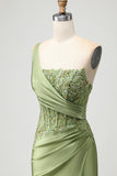 One Shoulder Satin Green Mermaid Corset Prom Dress