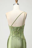 One Shoulder Satin Green Mermaid Corset Prom Dress