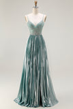 Grey Green Spaghetti Straps A Line Prom Dress with Rhinestones
