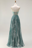 Grey Green Spaghetti Straps A Line Prom Dress with Rhinestones