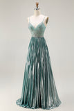 Grey Green Spaghetti Straps A Line Prom Dress with Rhinestones